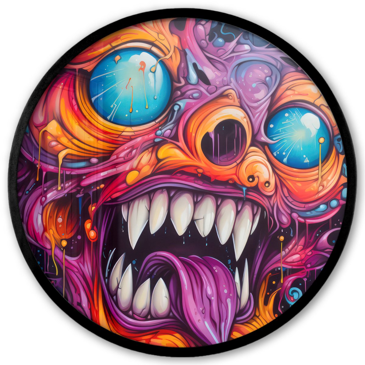 FrameYourWall Poster in lijst Rond - Fotolijst 40x40 cm - Posters - Monster - Graffiti - Kleuren - Oranje - Ronde posterlijst zwart - Decoratie - Wanddecoratie woonkamer - Muurdecoratie slaapkamer Monster - Kleuren