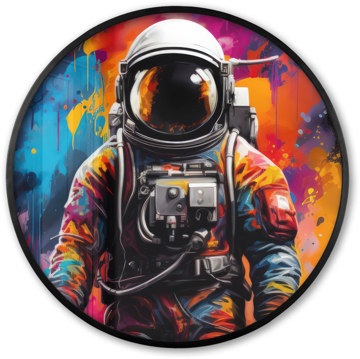 FrameYourWall Poster in lijst Rond - Fotolijst 80x80 cm - Posters - Astronaut - Graffiti - Zwart - Kleuren - Ronde posterlijst zwart - Decoratie - Wanddecoratie woonkamer - Muurdecoratie slaapkamer