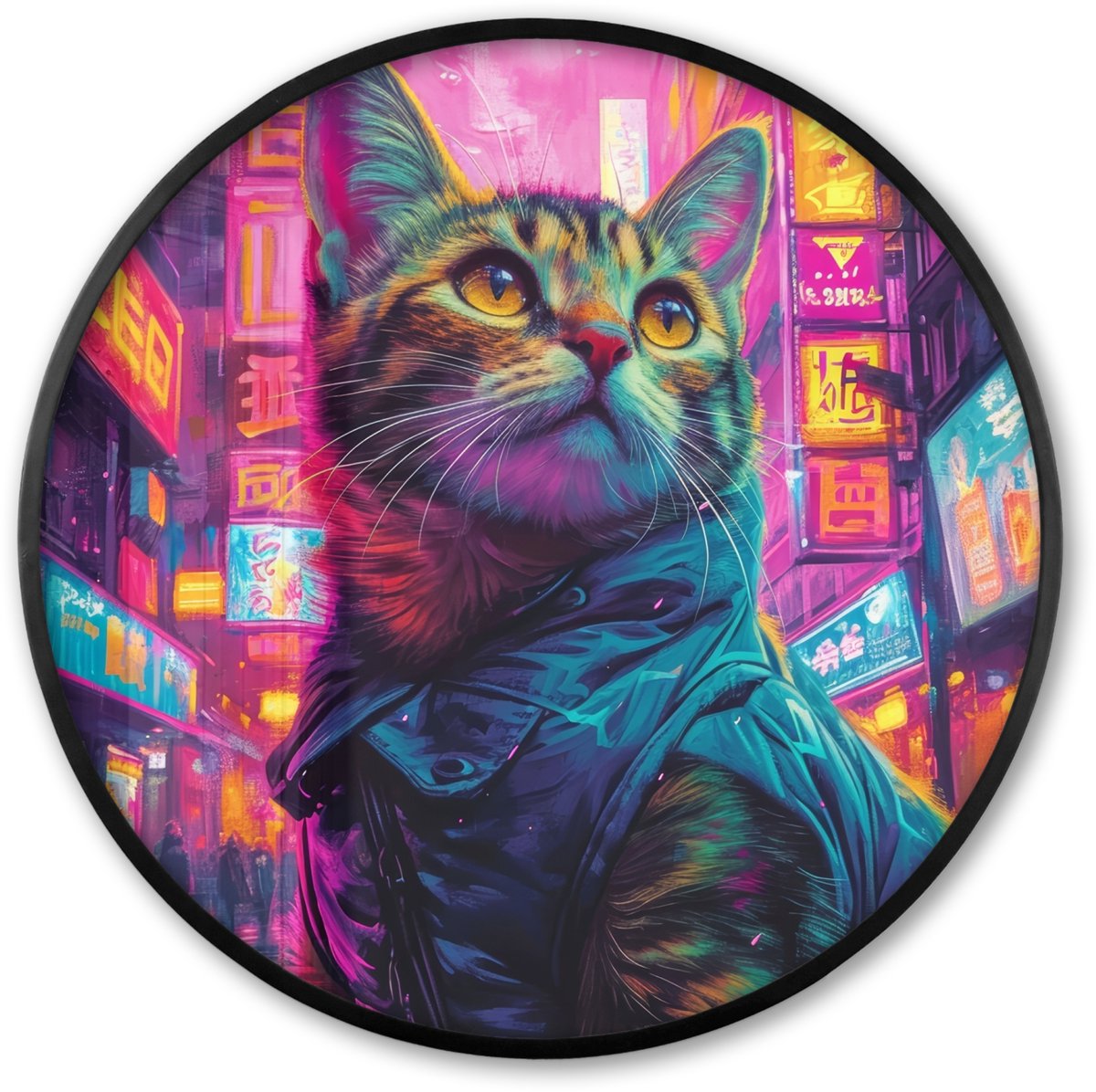 FrameYourWall Poster in lijst Rond - Fotolijst 60x60 cm - Posters - Kat - Pop art - China - Neon - Stad - Ronde posterlijst zwart - Decoratie - Wanddecoratie woonkamer - Muurdecoratie slaapkamer Neon - Kat