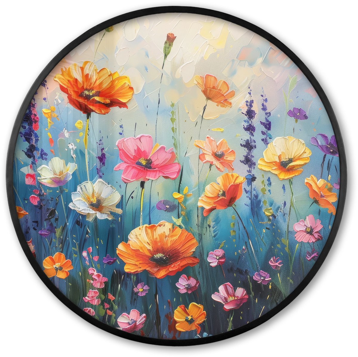 FrameYourWall Poster in lijst Rond - Fotolijst 60x60 cm - Posters - Bloemen - Natuur - Waterverf - Kunst - Ronde posterlijst zwart - Decoratie - Wanddecoratie woonkamer - Muurdecoratie slaapkamer Weidebloemen