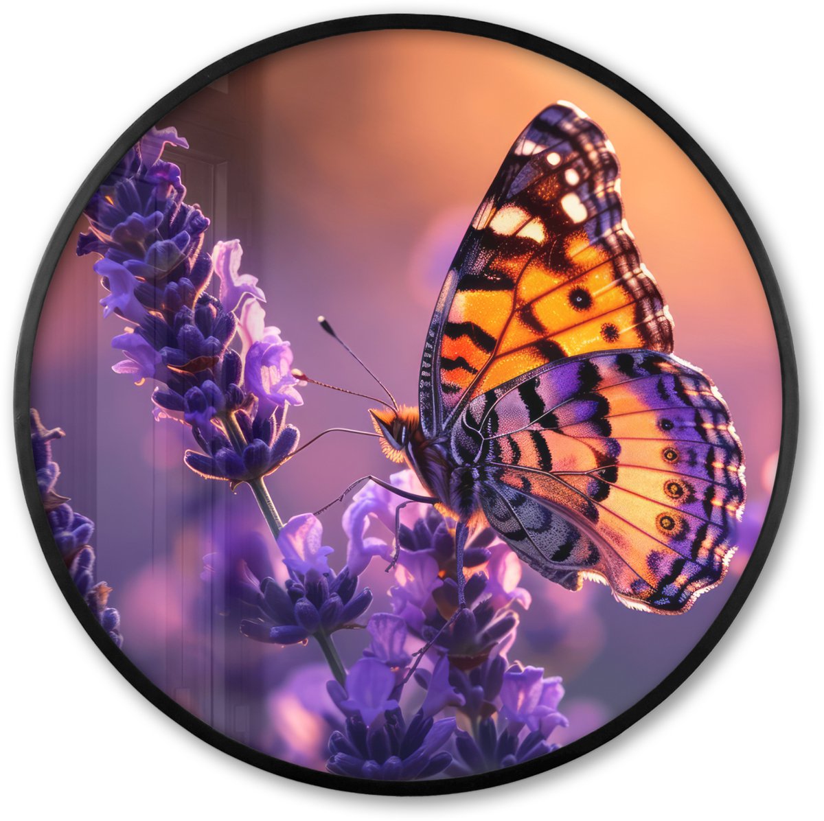FrameYourWall Poster in lijst Rond - Fotolijst 80x80 cm - Posters - Bloemen - Vlinder - Lavendel - Bloem - Natuur - Ronde posterlijst zwart - Decoratie - Wanddecoratie woonkamer - Muurdecoratie slaapkamer Bloemen - Lavendel