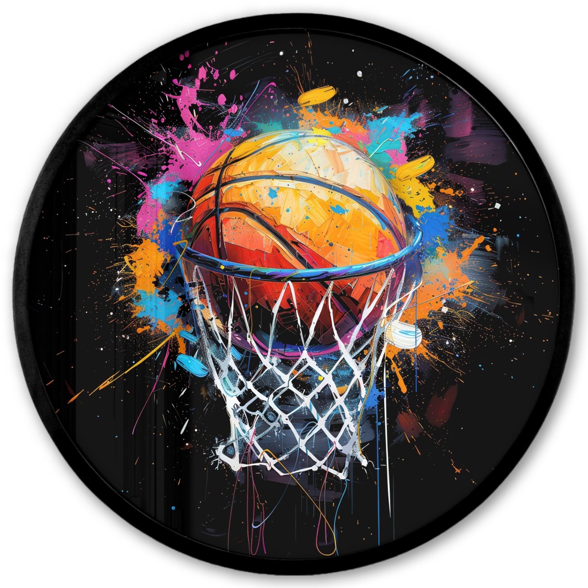 FrameYourWall Poster in lijst Rond - Fotolijst 40x40 cm - Posters - Graffiti - Sport - Basketbal - Basket - Ronde posterlijst zwart - Decoratie - Wanddecoratie woonkamer - Muurdecoratie slaapkamer