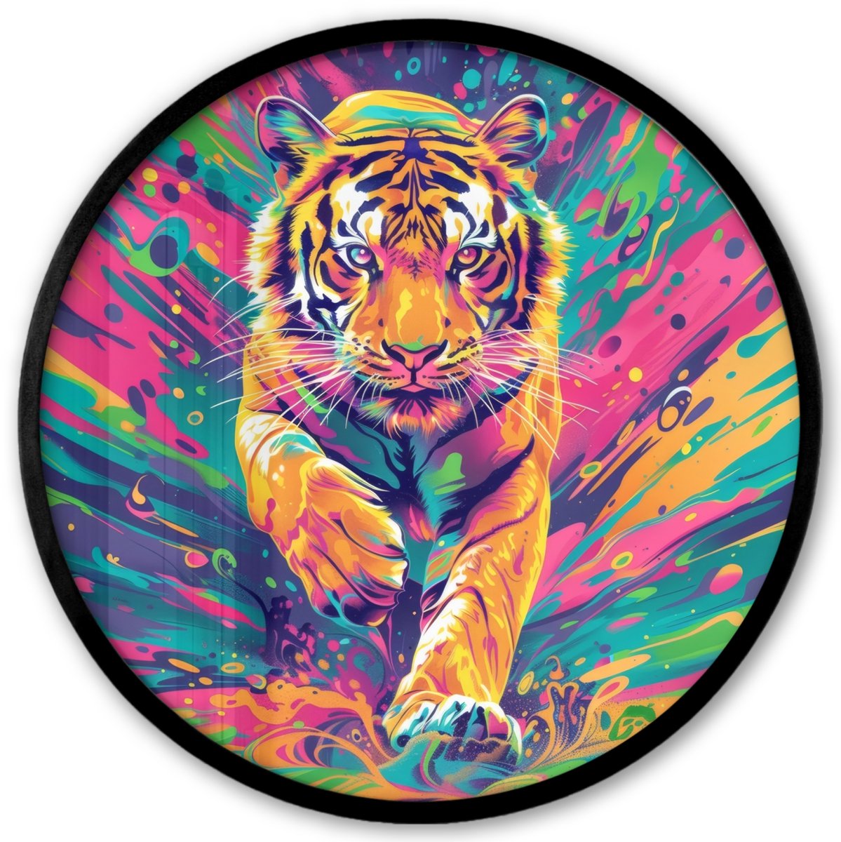 FrameYourWall Poster in lijst Rond - Fotolijst 40x40 cm - Posters - Tijger - Wilde dieren - Kleurrijk - Verflook - Ronde posterlijst zwart - Decoratie - Wanddecoratie woonkamer - Muurdecoratie slaapkamer