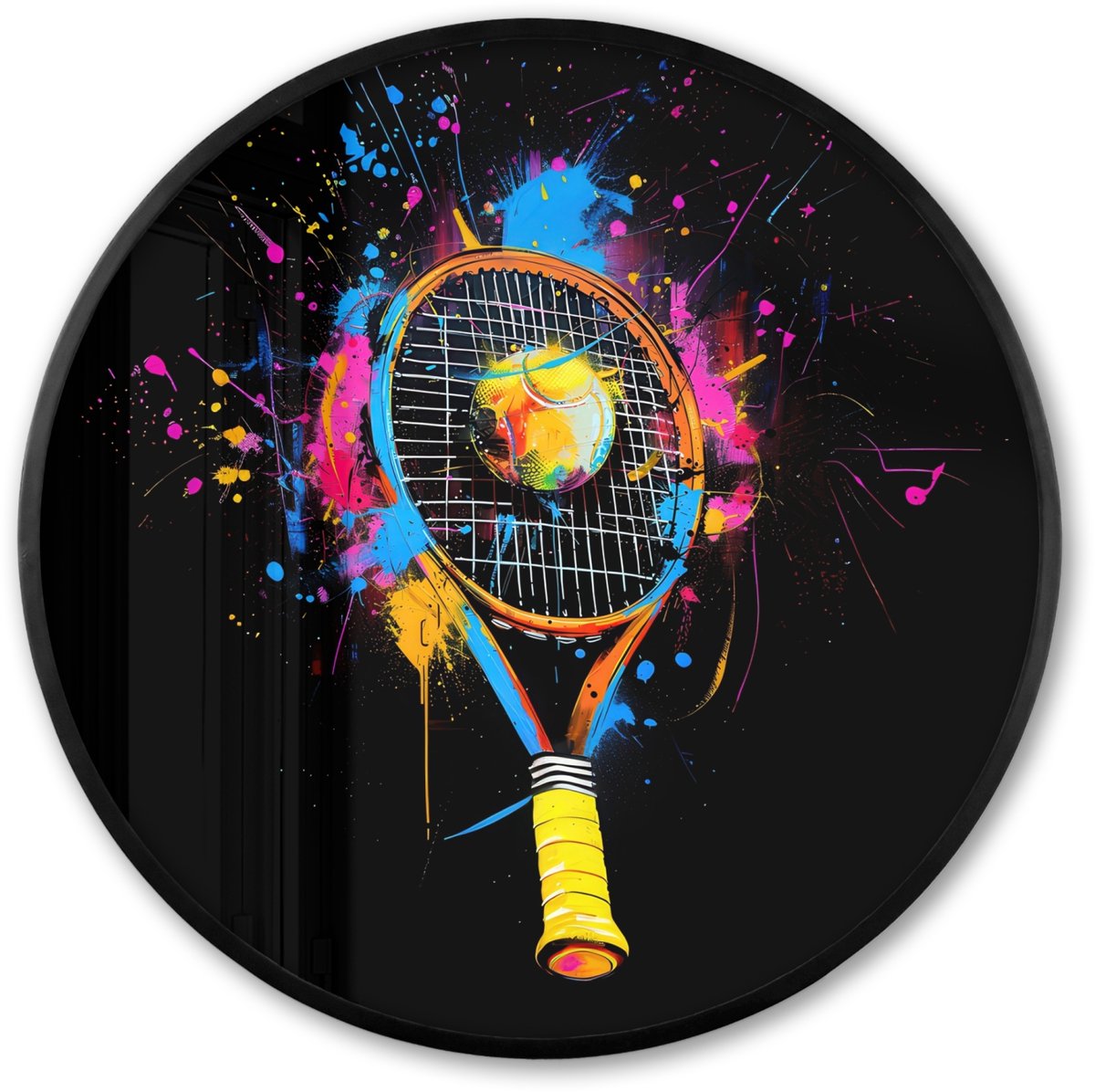 FrameYourWall Poster in lijst Rond - Fotolijst 80x80 cm - Posters - Graffiti - Sport - Tennis - Raket - Bal - Ronde posterlijst zwart - Decoratie - Wanddecoratie woonkamer - Muurdecoratie slaapkamer