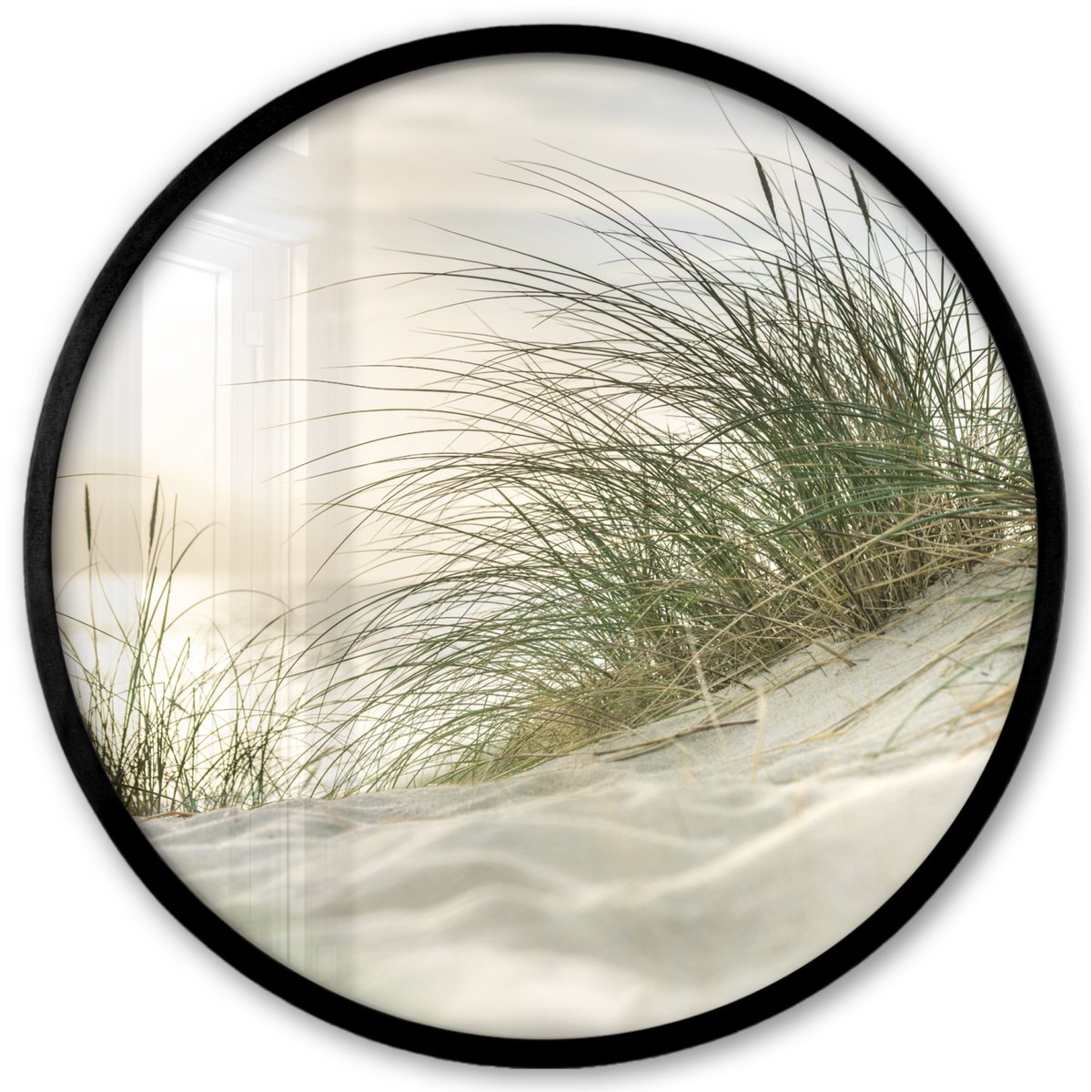 FrameYourWall Poster in lijst Rond - Fotolijst 40x40 cm - Posters - Duinen met helmgras onder de zon van het Duitse nationaal Park Schleswig-Holsteinisches Wattenmeer - Ronde posterlijst zwart - Decoratie - Wanddecoratie woonkamer - Muurdecoratie slaapkamer Multicolor