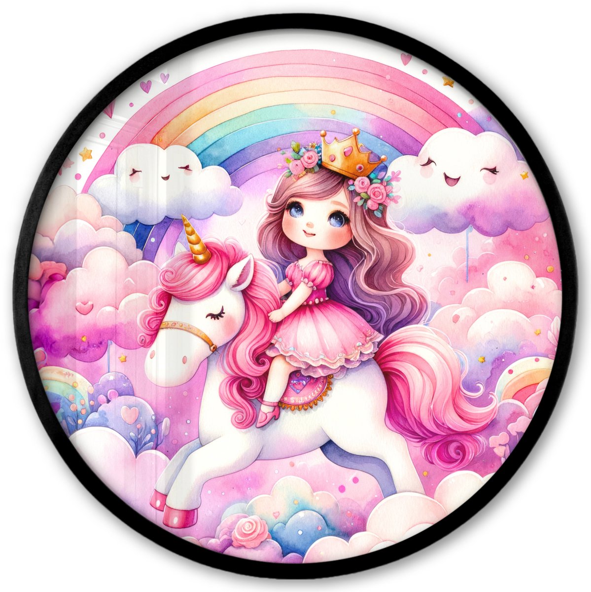 FrameYourWall Poster in lijst Rond - Fotolijst 40x40 cm - Posters - Eenhoorn - Prinses - Unicorn - Roze - Regenboog - Ronde posterlijst zwart - Decoratie - Wanddecoratie woonkamer - Muurdecoratie slaapkamer