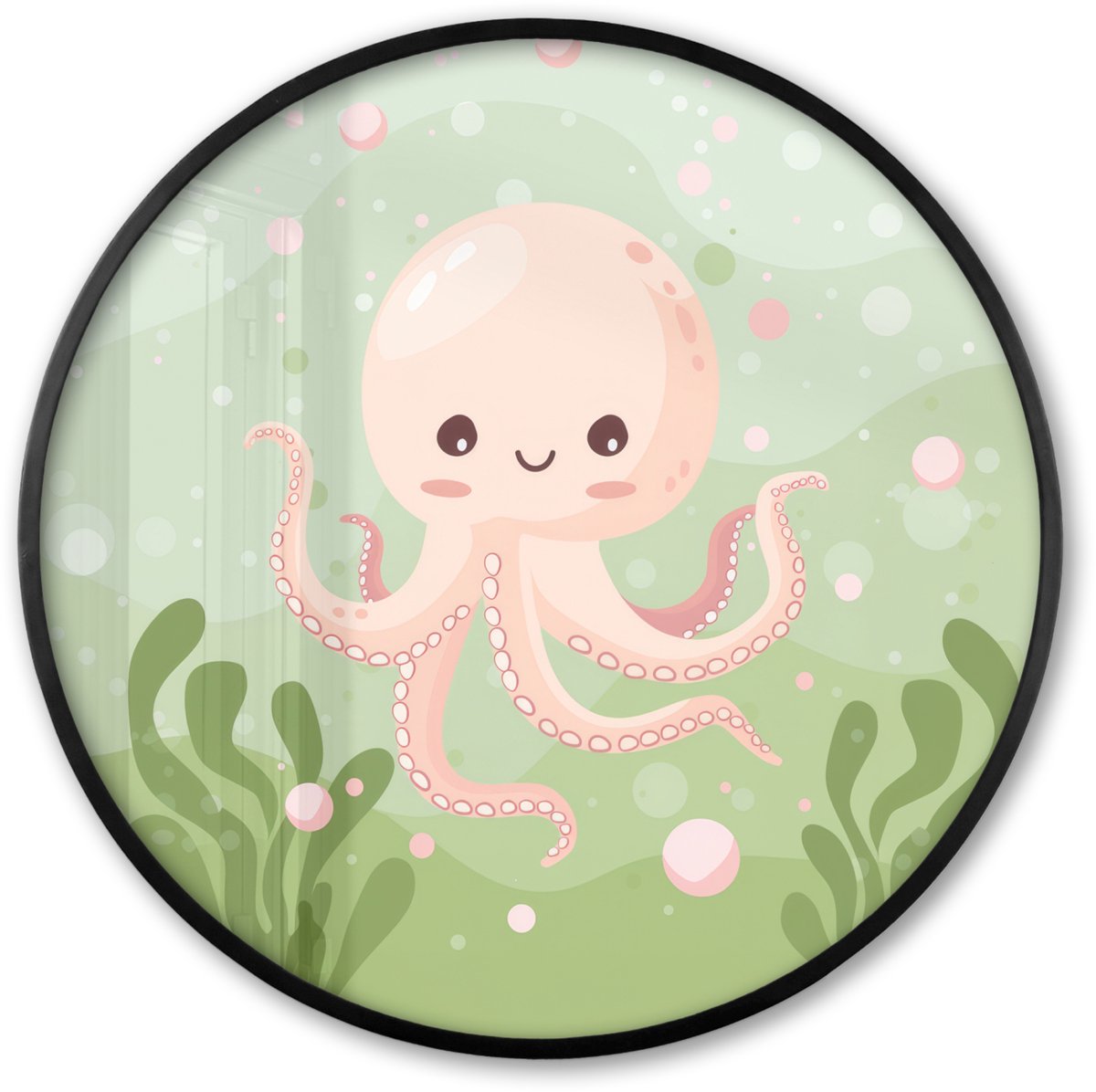 FrameYourWall Poster in lijst Rond - Fotolijst 80x80 cm - Posters - Octopus - Zeedieren - Groen - Onderwater - Ronde posterlijst zwart - Decoratie - Wanddecoratie woonkamer - Muurdecoratie slaapkamer