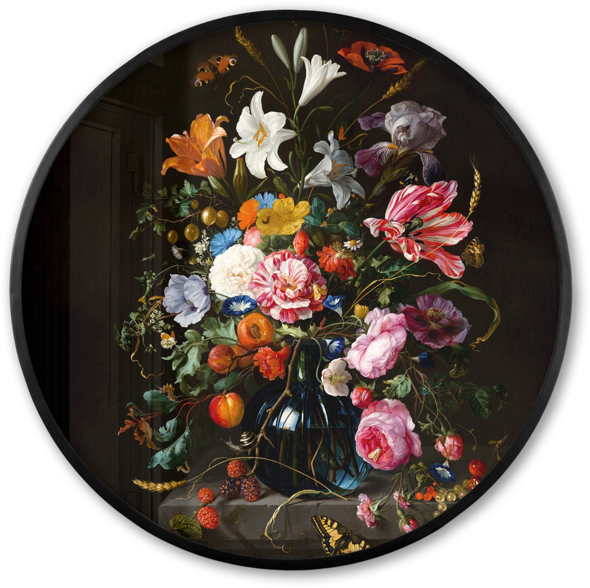 FrameYourWall Poster in lijst Rond - Fotolijst 80x80 cm - Posters - Oude meesters - Kunst - Vaas met bloemen - Jan Davidsz de Heem - Ronde posterlijst zwart - Decoratie - Wanddecoratie woonkamer - Muurdecoratie slaapkamer Kunst - Bloemen