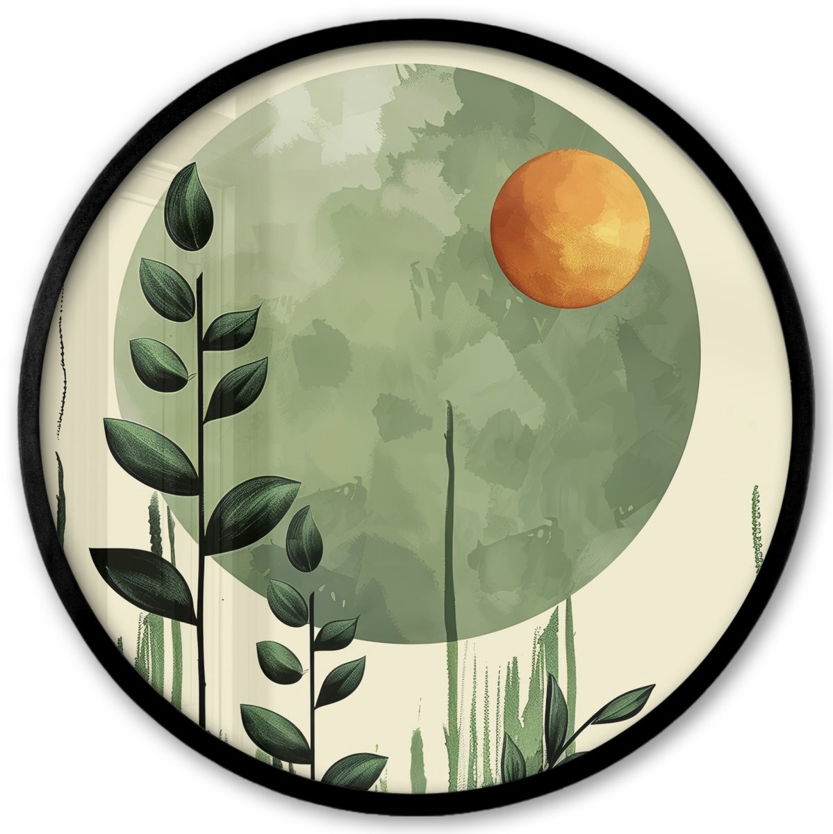 FrameYourWall Poster in lijst Rond - Fotolijst 40x40 cm - Posters - Abstract - Natuur - Kunst - Zon - Modern - Ronde posterlijst zwart - Decoratie - Wanddecoratie woonkamer - Muurdecoratie slaapkamer Groen