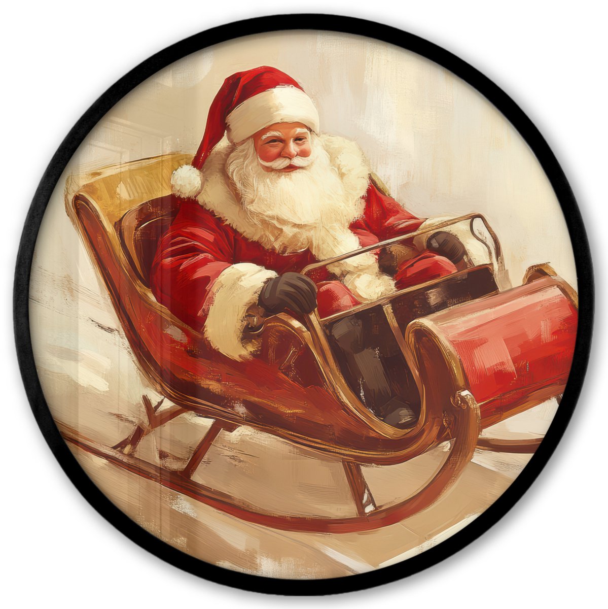 FrameYourWall Poster in lijst Rond - Fotolijst 40x40 cm - Posters - Kerst - Slee - Kerstman - Ronde posterlijst zwart - Decoratie - Wanddecoratie woonkamer - Muurdecoratie slaapkamer - Kerstversiering - Kerstdecoratie voor binnen - Kerstmis Kerstman - Slee