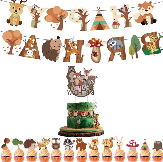 Décoration de fête d'anniversaire de la jungle pour garçons - Bannière « Happy Birthday » avec ballons en latex et animaux de la forêt de safari pour garçon, anniversaire, fête prénatale, décoration
