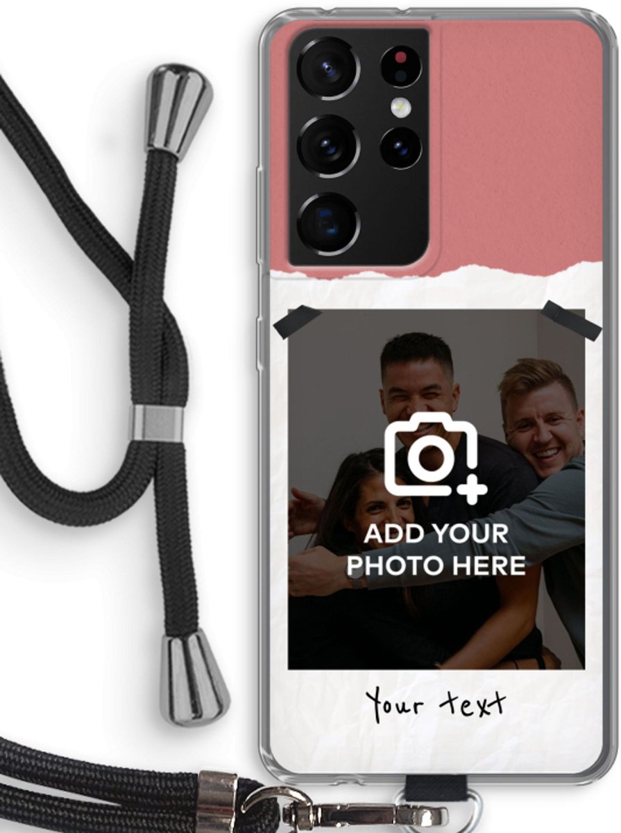 Gepersonaliseerd - Case Company® - Hoesje met koord geschikt voor Samsung Galaxy S21 Ultra hoesje met Koord - Polaroid N°5 - Telefoonhoesje met Zwart Koord - Bescherming aan alle Kanten en Over de Schermrand