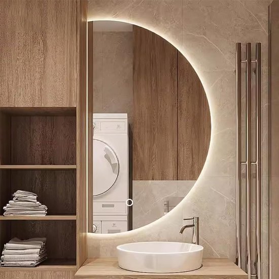 Halve maan spiegel met achtergrondverlichting 25 x 35 wandgemonteerde LED-make-upspiegel versieren wandspiegel halve cirkel badkamerspiegel met verlichting dimmen anti-condens (kleur: link