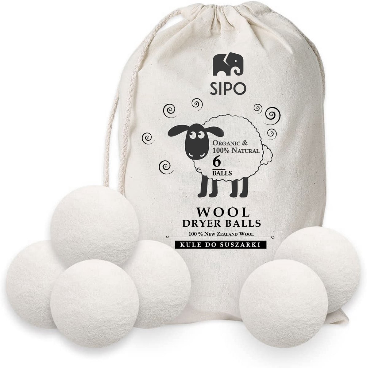 6x Wollen Droger Ballen - 100% Biologische Merinowol - Incl. Opbergzak - Wasverzachter Vervanger - Milieuvriendelijk & Energiebesparend - Sipo