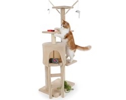 Lomera Kattenkrabtoren Beige - Krabpaal voor Katten - Kattenmeubel - Kattenhuis - Kattenspeelgoed - Kattentoren - Kattenboom - Houten Constructie - Polyester Bekleding - Krabtoren voor Katten - Speelgoedmuizen