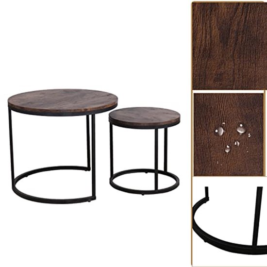 Set van 2 Ronde Salontafels voor Woonkamer - Industriële Bijzettafels met Houtlook