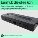 HP Universele USB-C Multipool Hub met ruitpatroon en diverse poorten: HDMI, Ethernet, USB.