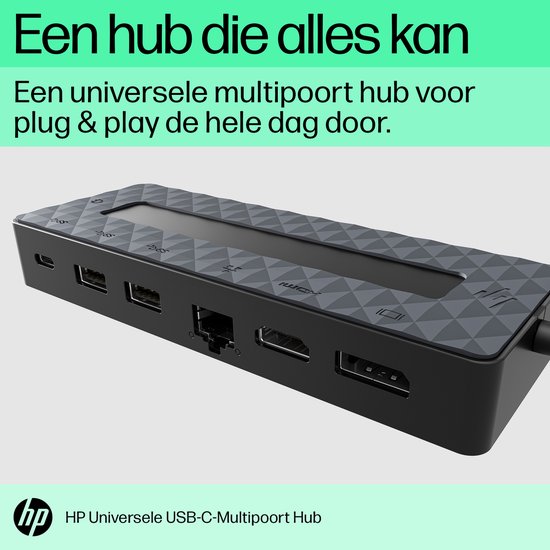 HP Universele USB-C Multipool Hub met ruitpatroon en diverse poorten: HDMI, Ethernet, USB.