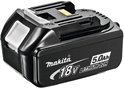 Zwarte Makita 18V Lithium-Ion accu, 5.0Ah met witte en gele details.