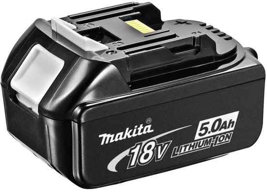 Zwarte Makita 18V Lithium-Ion accu, 5.0Ah met witte en gele details.