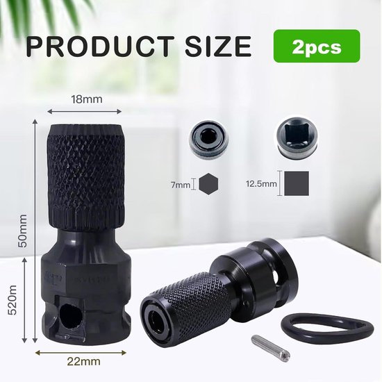Bewudy 2 stuks slagmoerbitadapters, 1/2 naar 1/4 inch bithouder, dopsleutel, adapter, hoogwaardige slagschroevendraaier, accessoires voor slagmoersleutel, schroevendraaier, bithouder