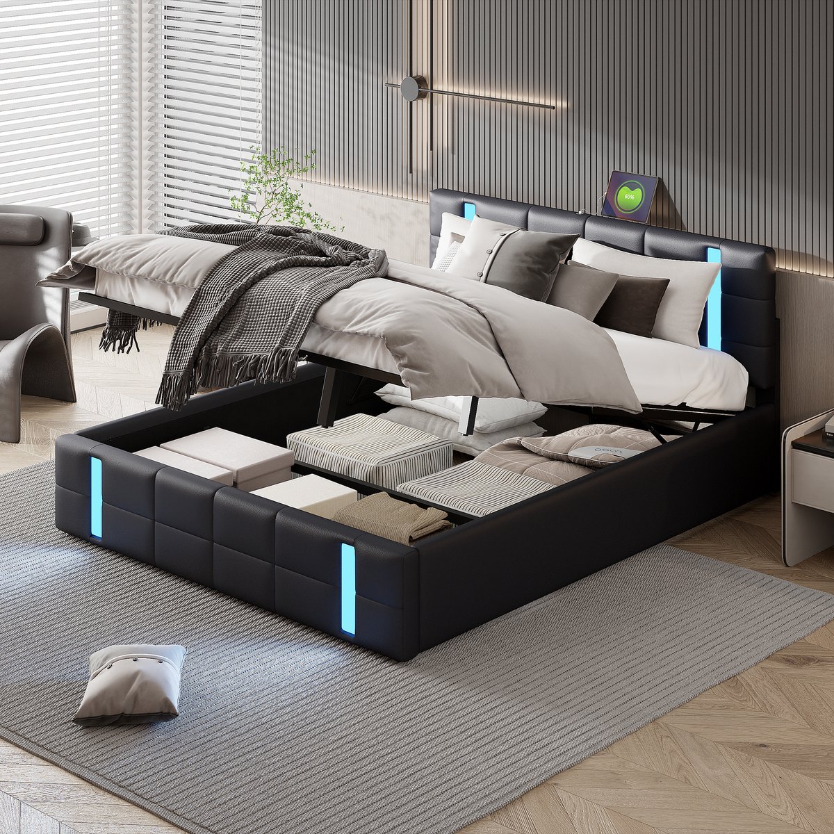 ROSAHQNDA Modern tweepersoonsbed, zwart lederen gestoffeerd bed, 160x200cm modern LED tweepersoonsbed met USB-oplaadpoorten, hydraulisch bedframe, zonder matras (splitsen voor 2 pakketten voor verzending)