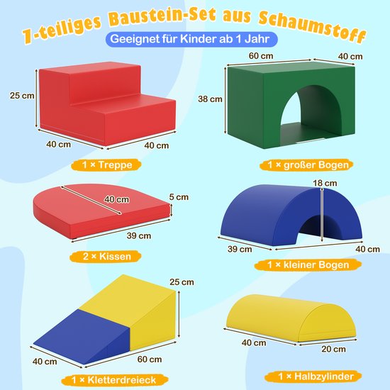 Illustratie van een 7-delige schuimblokkenset met afmetingen: trap, grote en kleine boog, kussens, klimdriehoek, halfcilinder.