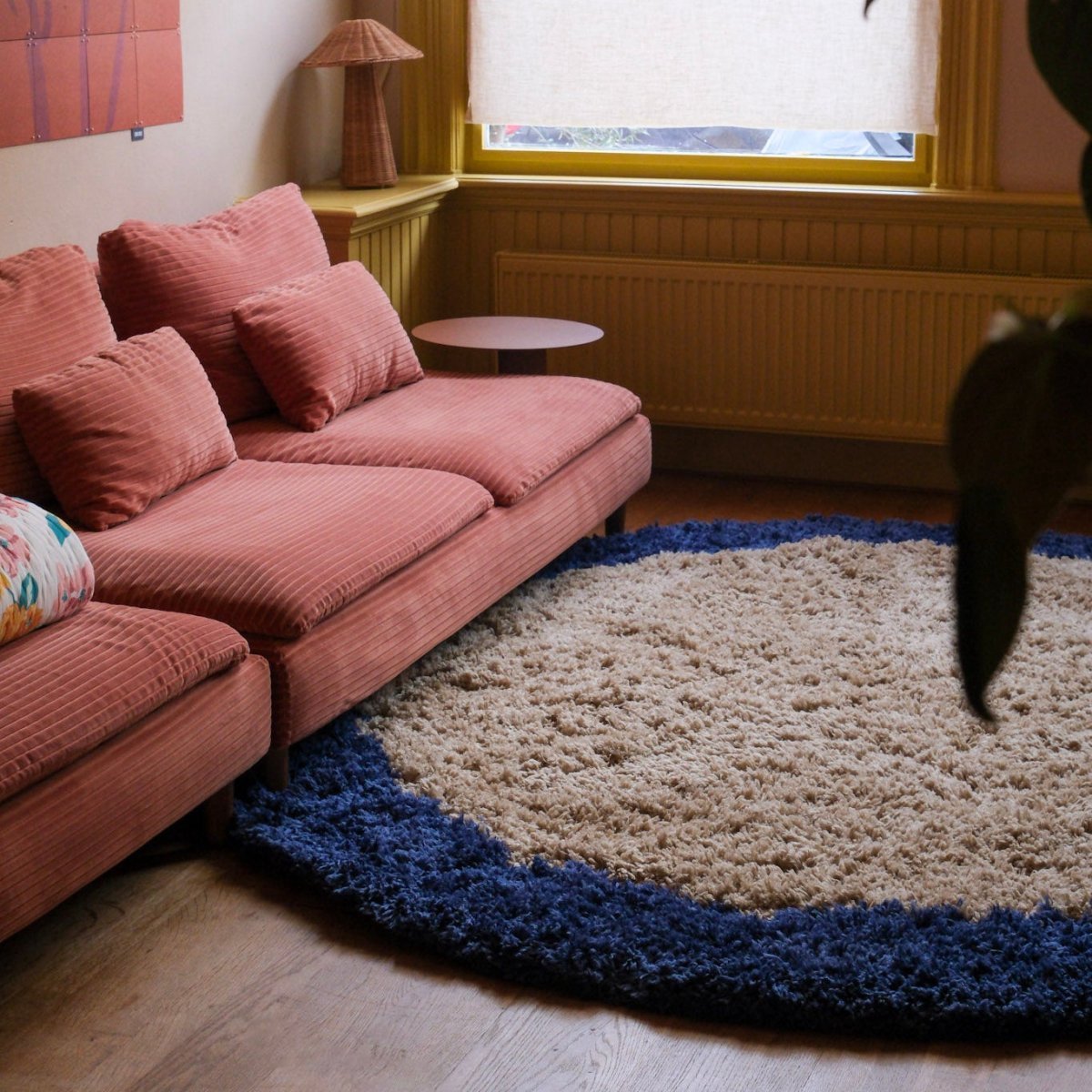 Rond hoogpolig vloerkleed Pilo beige/blauw polyester Interieur05 - Rond 160 Ø - (M)
