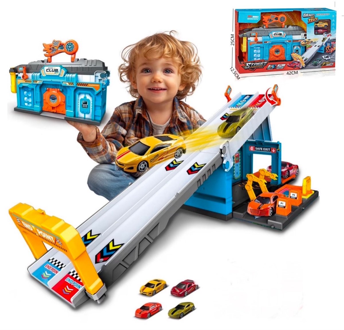OODBLUE Racebaan met 5 Metalen Auto’s – 2-in-1 Autogarage & Opvouwbare Speelset – Met Draagkoffer – Perfect Cadeau voor Kinderen