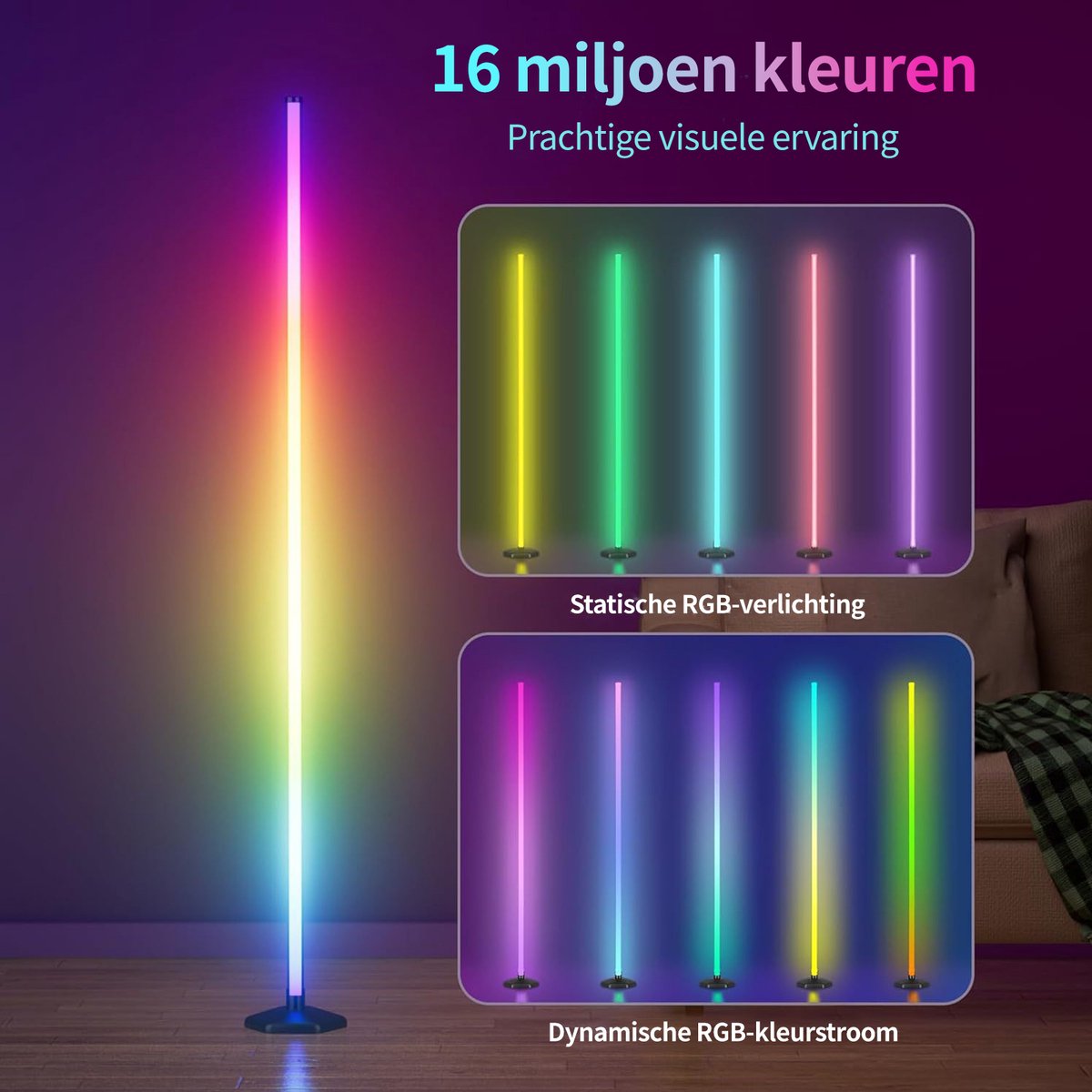 Rayofi LED Staande Lamp- 147 cm - LED vloerlamp dimbaar RGBIC - Instelbare warmwitte/koelwitte kleurtemperatuur - Synchroniseert met muziek - Creëer de perfecte sfeer voor slaapkamers, woonkamers en speelkamers thumbnail 5
