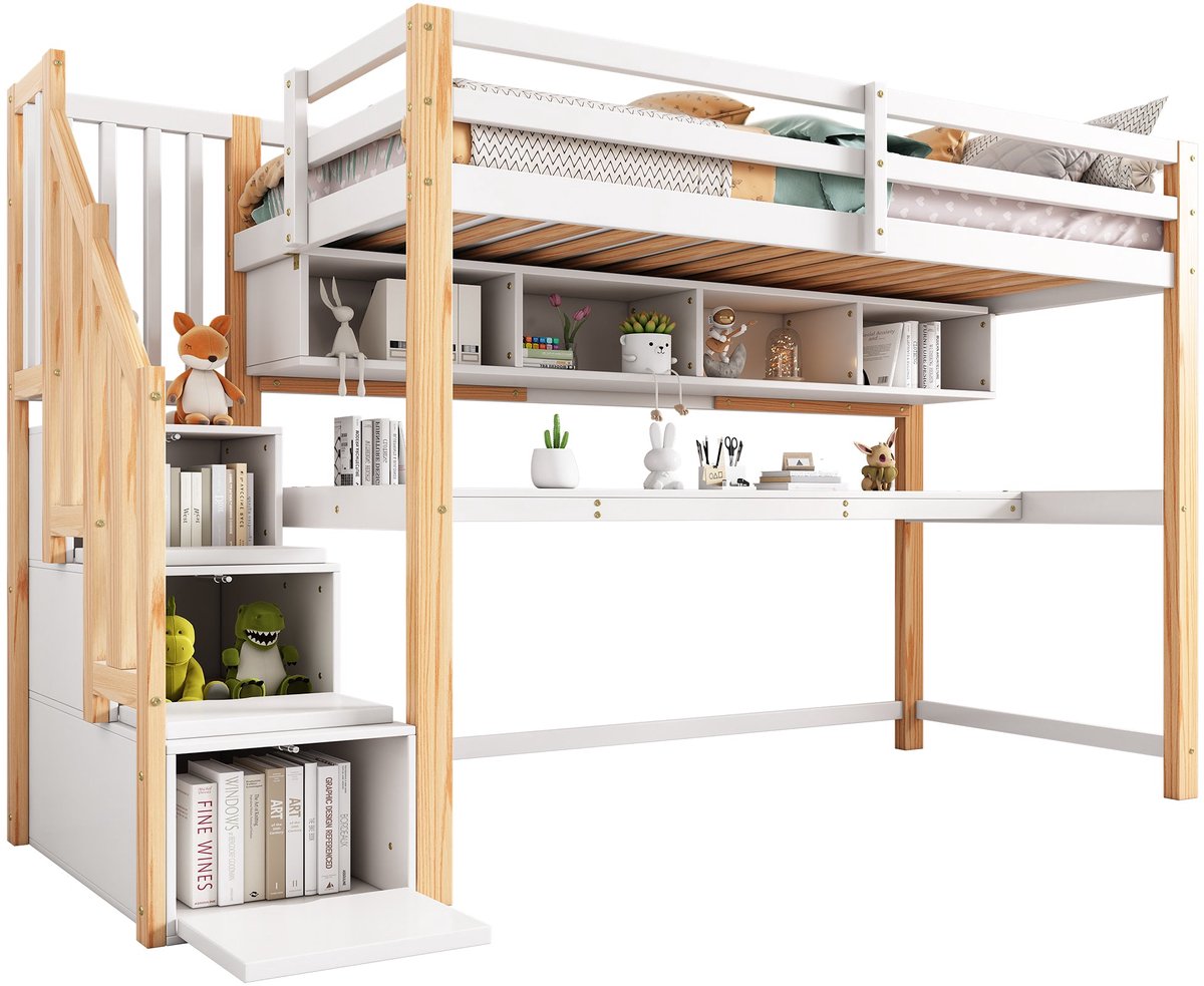 Merax Kinderhoogslaper - Kinderbed met Groot Bureau en Opbergrekken - Massief Hout - Natuurlijk en Wit - 90x200 cm