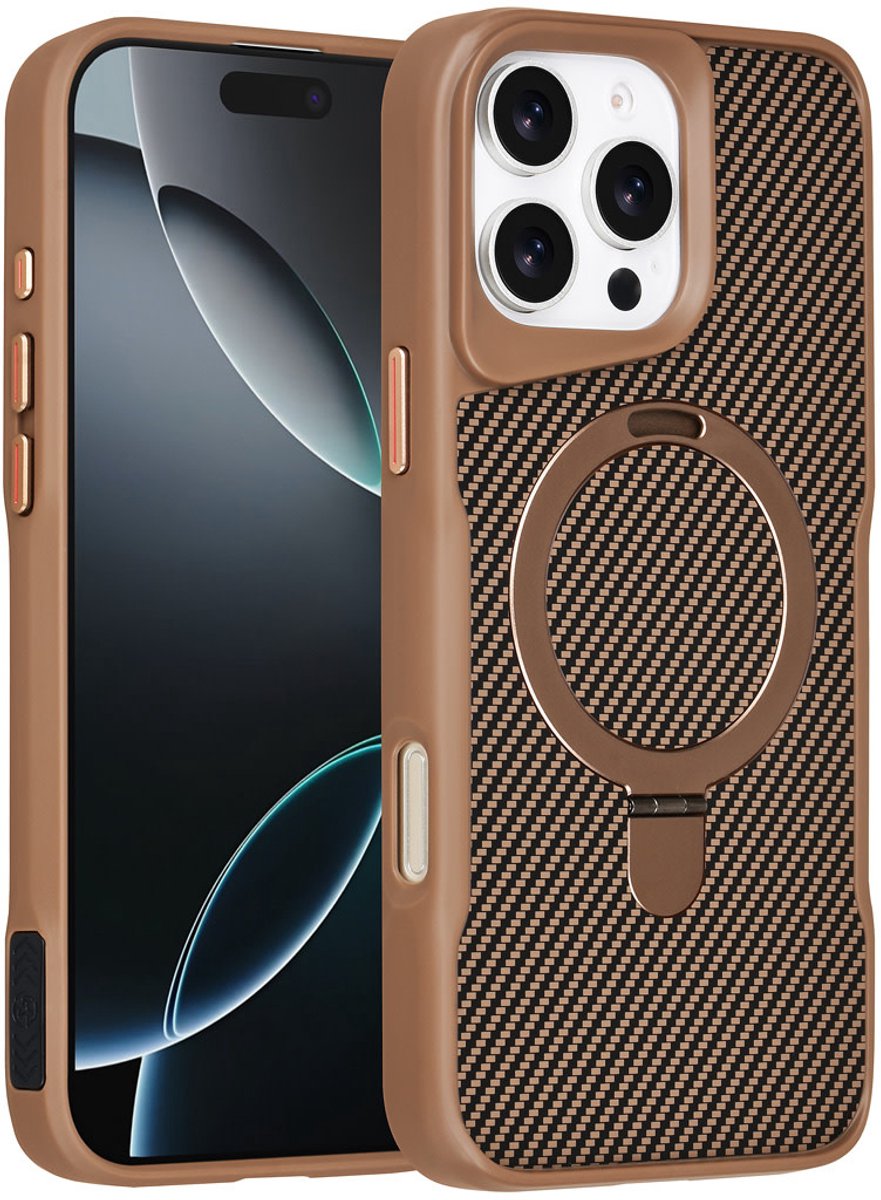 TUNIQ Back cover voor iPhone 16 Pro Max - Carbon Fiber - Met MagSafe Ringstand - Zwart
