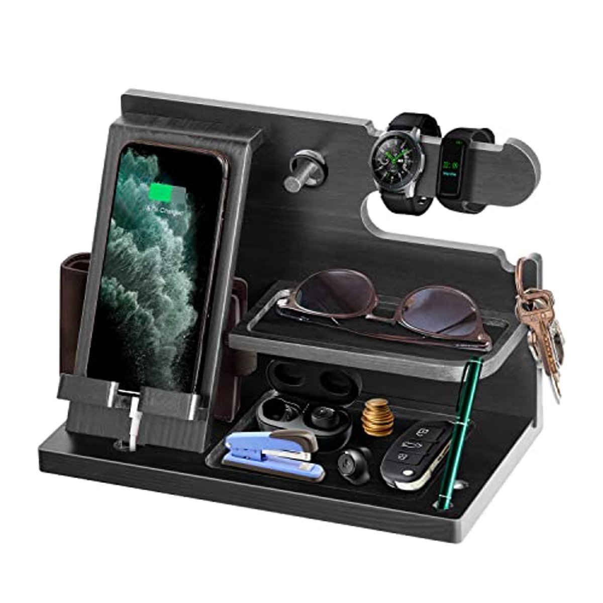 Houten telefoon-dockingstation en organizer voor nachtkastje met sleutelhouder en horlogehouder - Perfect cadeau voor elke gelegenheid