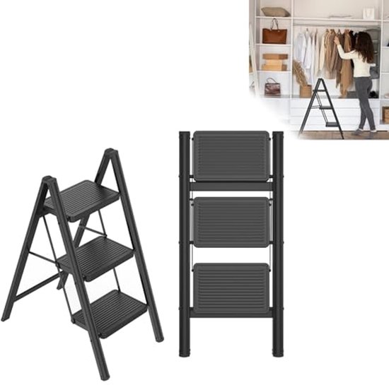 Aufun Trapladder, 2 treden inklapbaar, ladder van gelegeerd staal, met antislip pedalen, slechts 5 cm dun gevouwen, 150 kg belastbaar, geen montage nodig, voor keuken, garage en kantoor