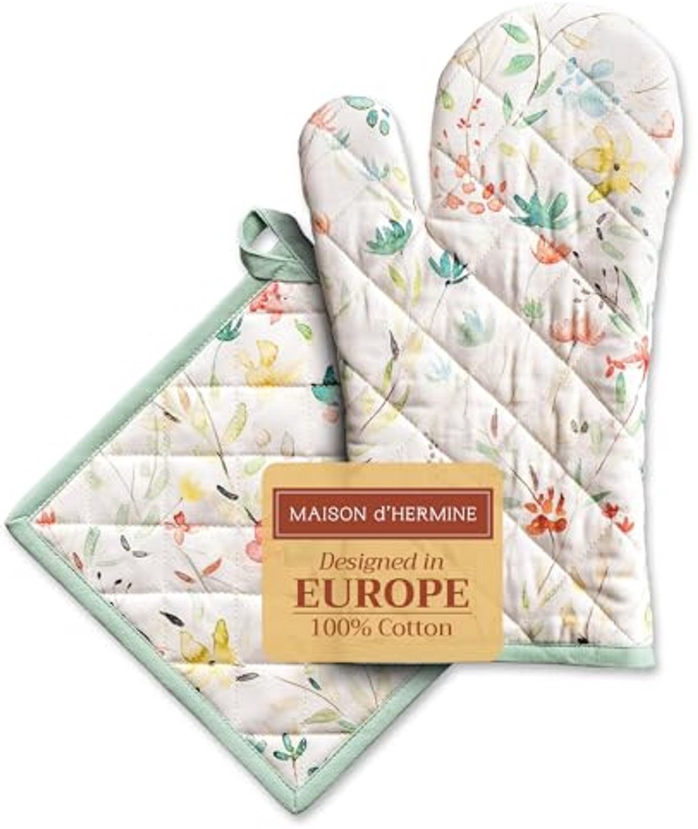 Katoenen Ovenwant en Pannenlappen Set voor BBQ en Koken - 100% Katoen - 19cm x 33cm en 20cm x 20cm - Perfect voor Lente en Zomer
