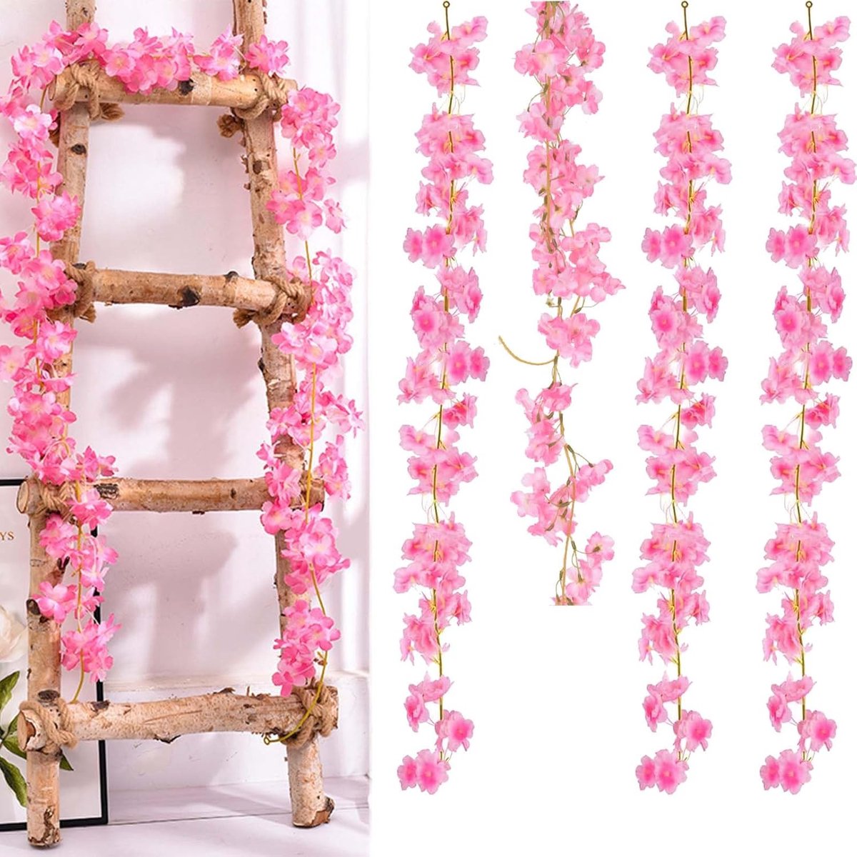 Donkerroze kunstbloemenslingers - set van 4 - 1,8 meter - zijden bloemen