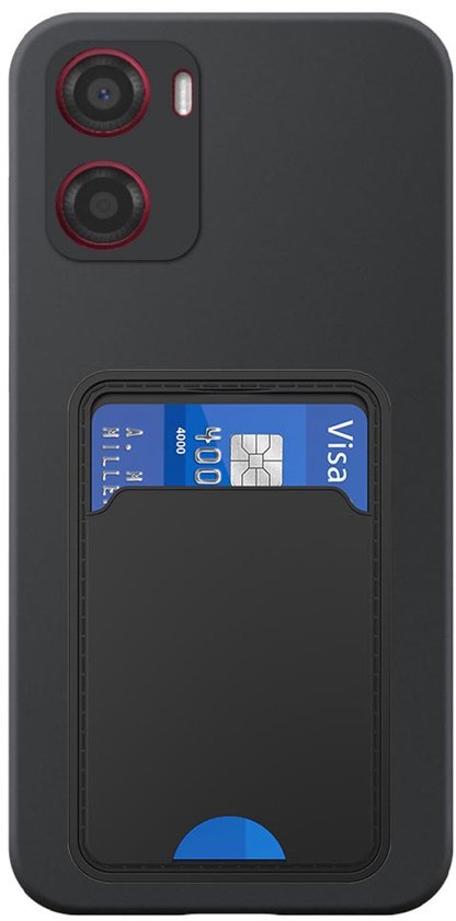 Zwarte telefoonhoes met kaartvak en een Visa-kaart, met rode accenten rond de cameralens.
