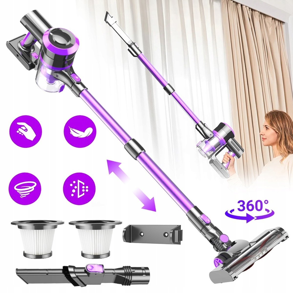 Handstofzuiger met steel - Draadloze Steelstofzuiger - 400W Draadloze Stofzuiger - Stofzuiger - 30kPa Zuigkracht & 55 Min Runtijd - Met LED Scherm & Anti-tangler Borstel - Voor Dierenharen & Hele Huis - Krachtig & Stil – foto 3