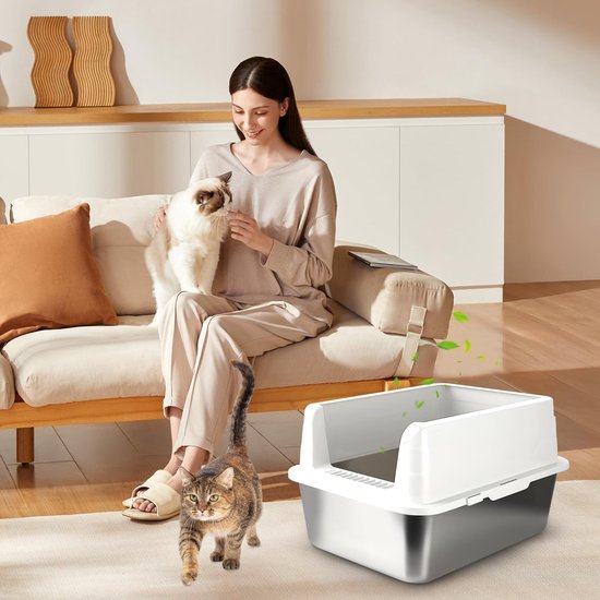 Bartuke RVS Kattenbak met Deksel, XXL Uitneembare Metalen Kattentoilet