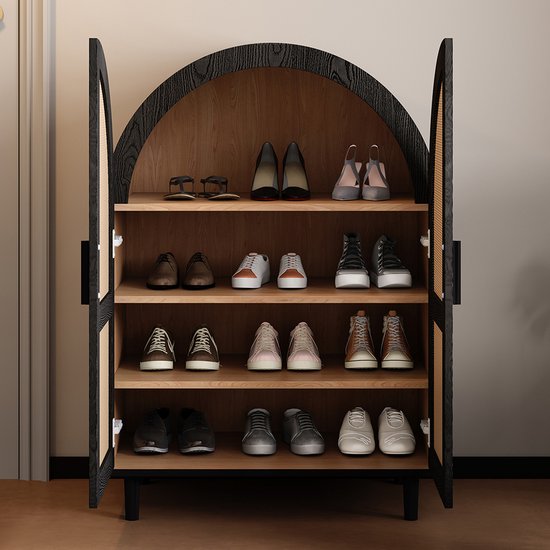 BLACKCOLORS Élégant buffet/meuble à chaussures avec un extérieur arrondi, des portes en rotin ajourées et trois étagères.