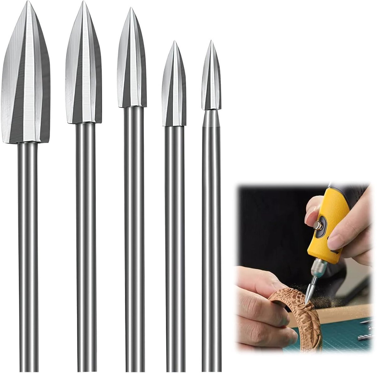 5-delige houtsnijgereedschapset, houtsnijboortjes met 1/8 inch schacht, witte stalen houtsnijgereedschapset voor roterende gereedschappen, knutselen, houtsnijden, slijpen, boren