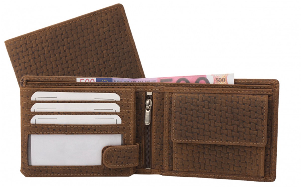 Houtkamp Heren Billfold Portemonnee – Echt Leer – Bruin met Vlechtpatroon