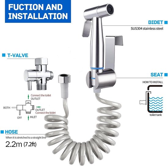 Ensemble de douchette à main pour bidet - bidet de salle de bain pour toilettes - pour bidet et accessoires de toilette - avec long flexible de douche télescopique et support - pommeau de douche en acier inoxydable douche à couches bain d'animaux