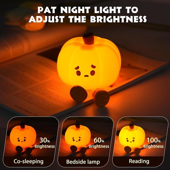 Schattige Pompoen Nachtlamp - Van Zachte Silicone, Veilig - Dimbaar via Aanraking, Oplaadbaar - Gezellig Slaapkamernachtlicht - Ook voor Halloween - Oranje - 1 stuk van Flowies — afbeelding 4