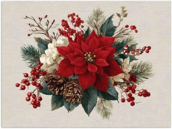 Poster 40x30 cm - Kerststuk - Poinsettia - Dennenappels - Rood - Posters - Kamer decoratie - Wanddecoratie woonkamer - Muurdecoratie slaapkamer - Kerstversiering - Kerstdecoratie voor binnen - Kerstmis