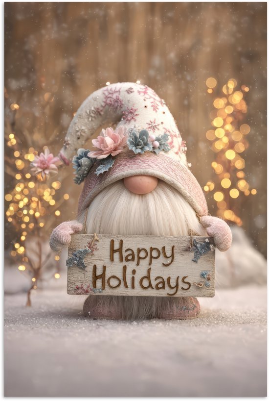 Gnome de Noël avec bonnet rose à fleurs et couronne, tenant une pancarte 'Happy Holidays'. Neige et lumières bokeh.
