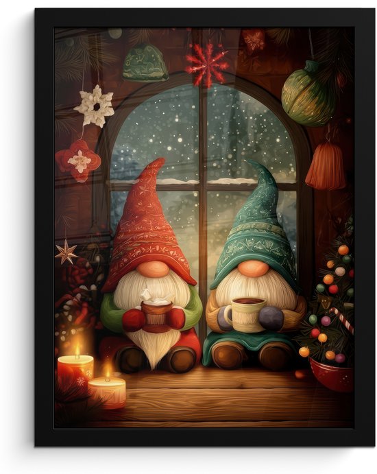 Poster in lijst - Fotolijst 30x40 cm - Posters - Gnooms - Kerst - Raam - Kleurrijk - Posterlijst zwart - Decoratie - Wanddecoratie woonkamer - Muurdecoratie slaapkamer - Kerstversiering - Kerstdecoratie voor binnen - Kerstmis