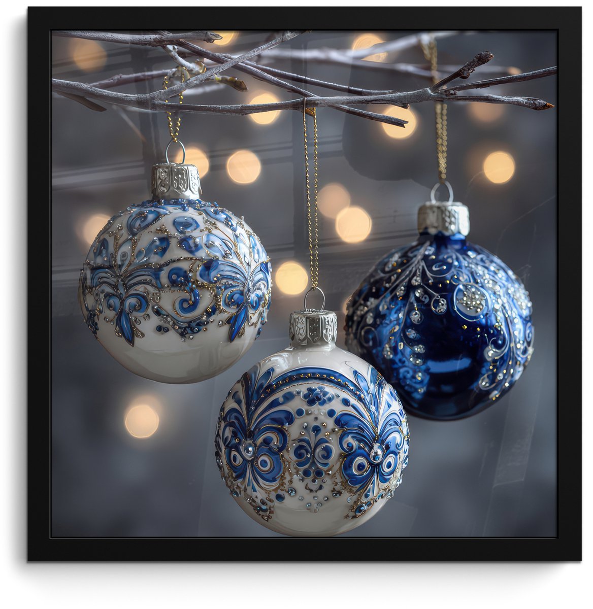 FrameYourWall Poster in lijst - Fotolijst 40x40 cm - Posters - Kerstbal - Versierd - Blauw - Posterlijst zwart - Decoratie - Wanddecoratie woonkamer - Muurdecoratie slaapkamer - Kerstversiering - Kerstdecoratie voor binnen - Kerstmis