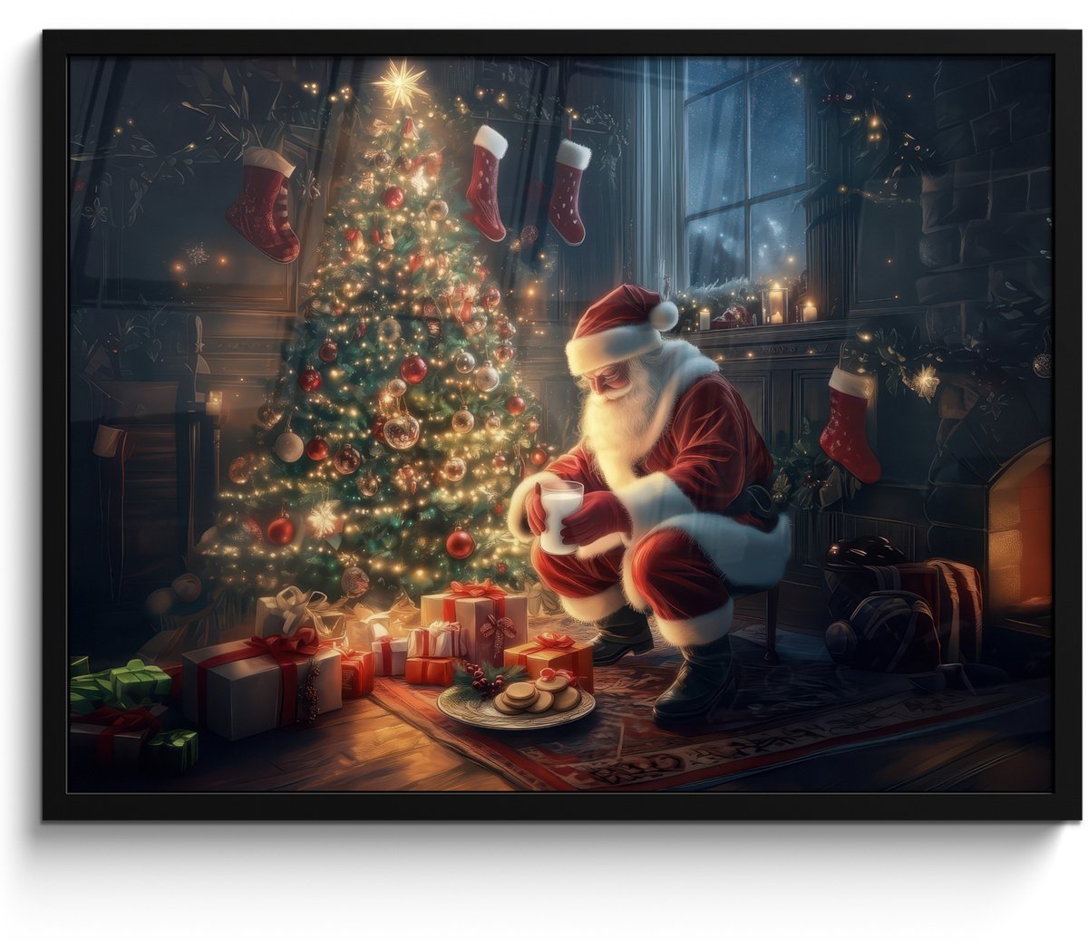FrameYourWall Poster in lijst - Fotolijst 80x60 cm - Posters - Kerstman - Haard - Donker - Posterlijst zwart - Decoratie - Wanddecoratie woonkamer - Muurdecoratie slaapkamer - Kerstversiering - Kerstdecoratie voor binnen - Kerstmis
