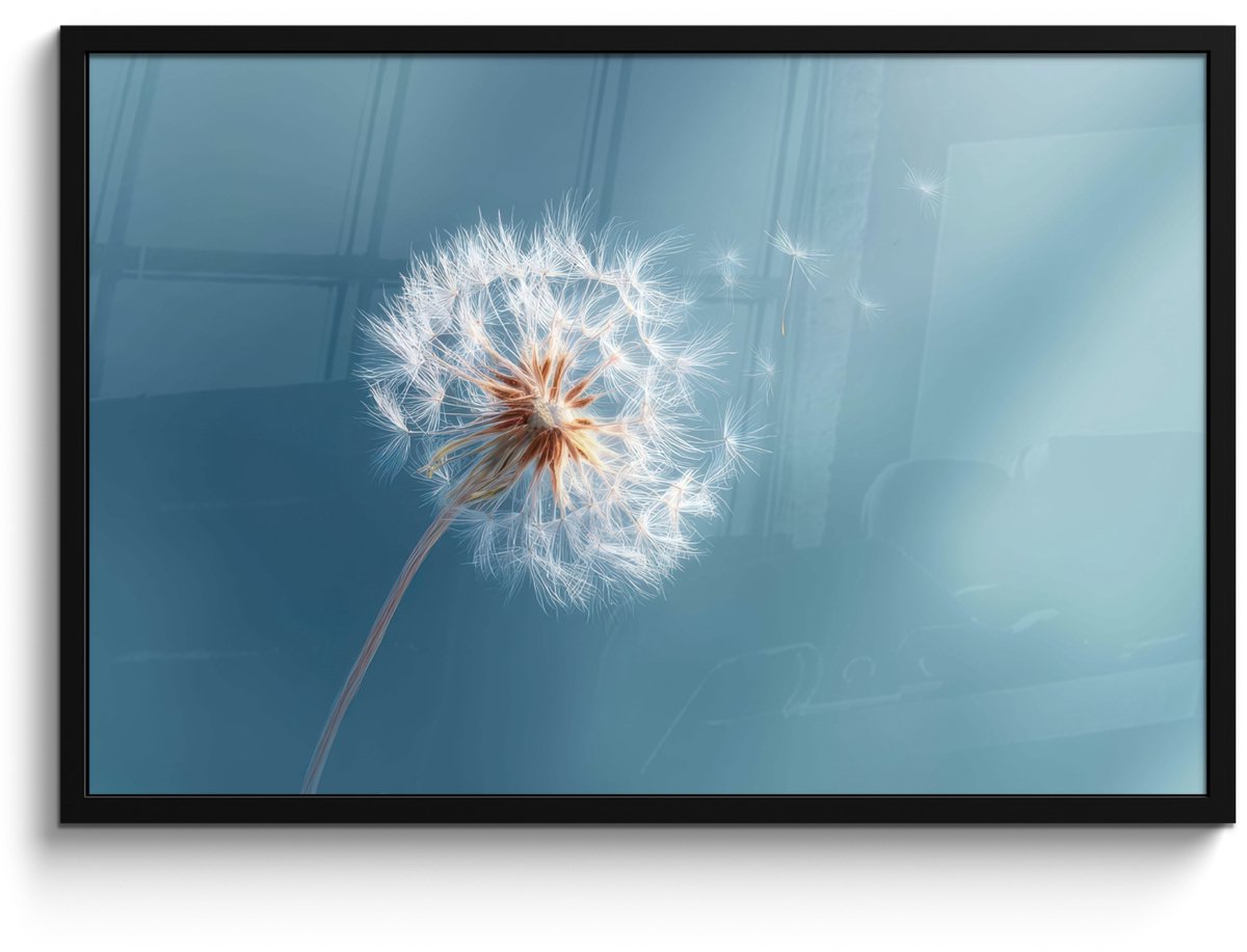 FrameYourWall Poster in lijst - Fotolijst 90x60 cm - Posters - Paardenbloem - Wind - Blauw - Posterlijst zwart - Decoratie - Wanddecoratie woonkamer - Muurdecoratie slaapkamer